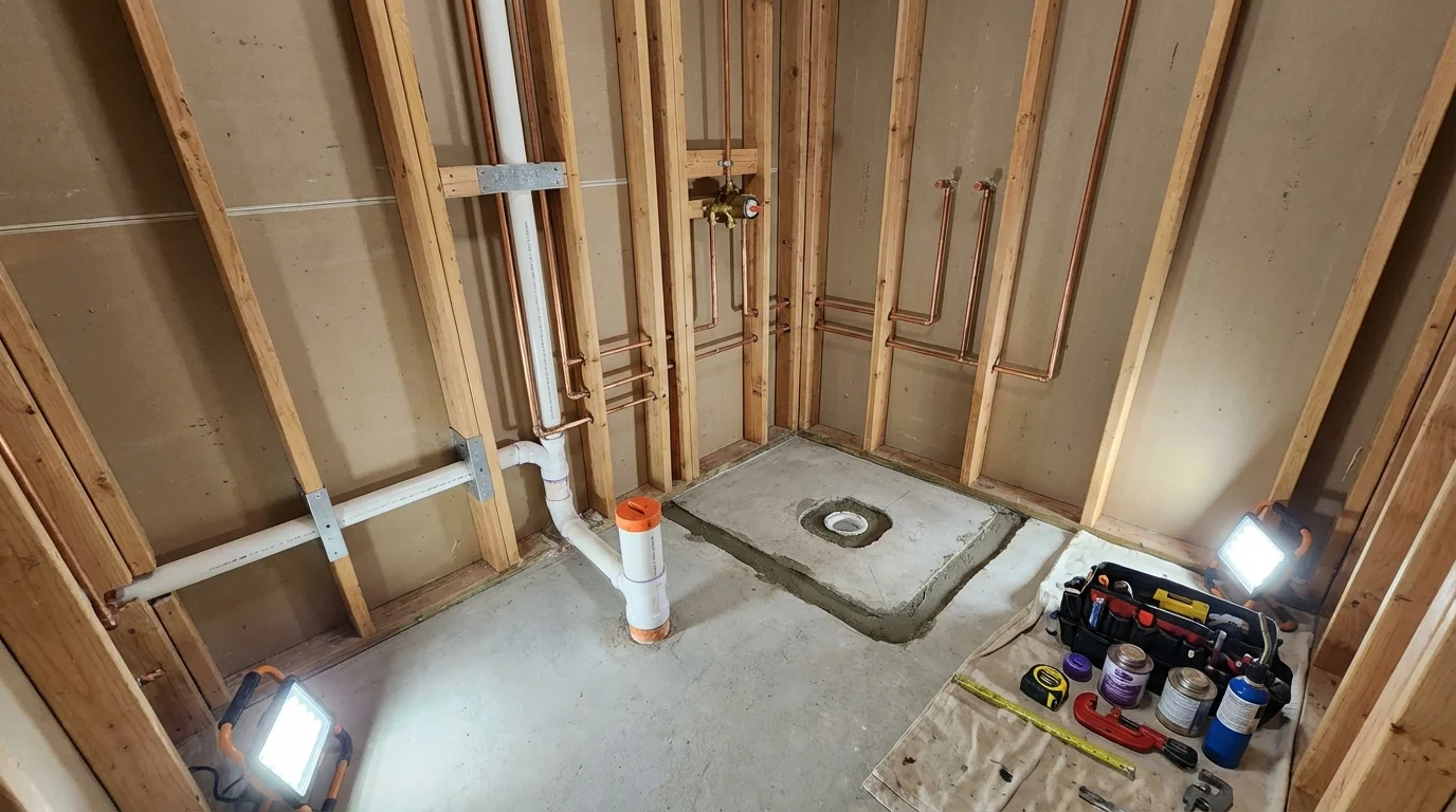 Bathroom rough-in plumbing during remodel by Johns Plumbing LLC in Waite Park