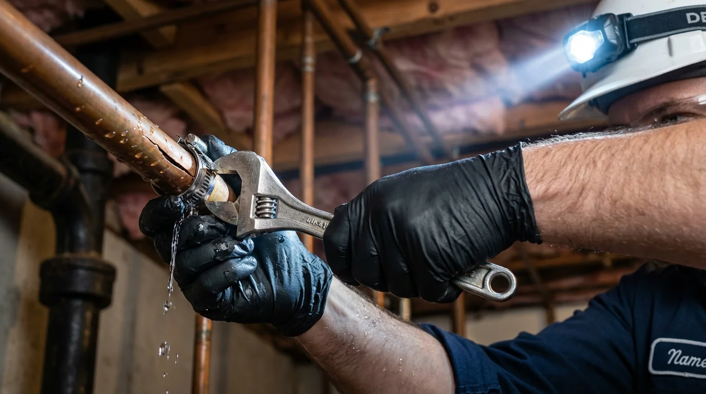 Emergency pipe clamp repair being performed by a Johns Plumbing LLC plumber in Waite Park