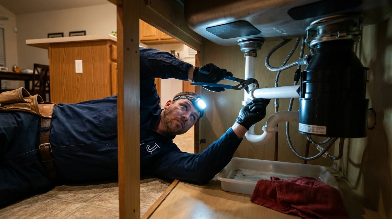 P-trap and supply line connections under a kitchen sink showing a common leak point in Waite Park, MN